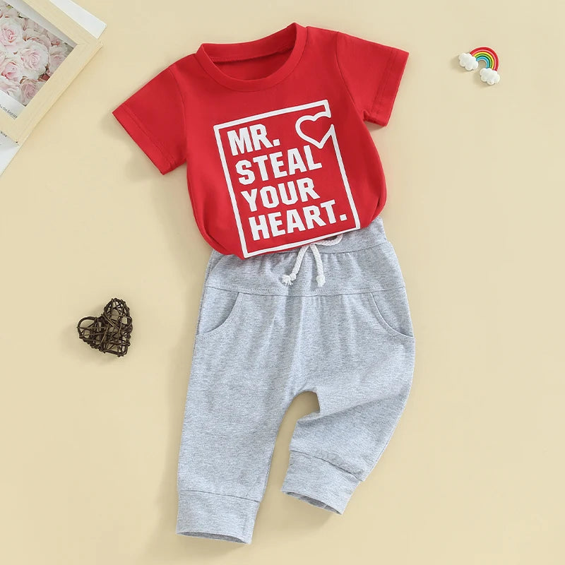 Baby Toddler Boy 2Pcs Valentine's Day Outfit Mr. Steal Your Heart Letter & Heart Print Short Sleeve Top with Solid Color Long Pants Set