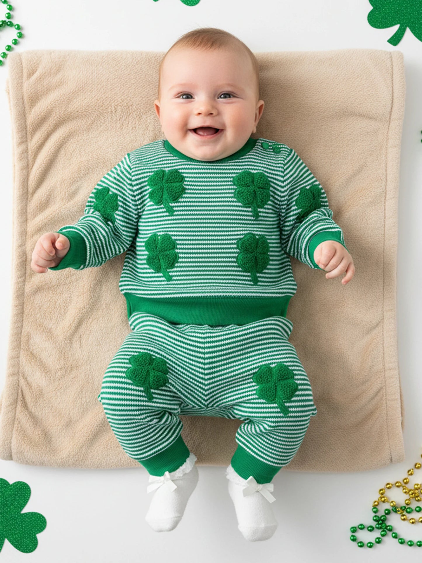 Baby Toddler Boy 2Pcs Spring Outfit Four-Leaf Clover Embroidery Long Sleeve O-Neck Pullover + Elastic Waist Stripe Pants St. Patrick's Day Jogger Set