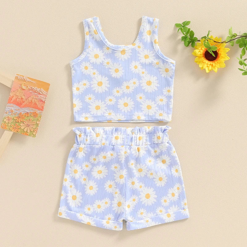 Baby Toddler Girls 2Pcs Daisy Flower Print Sleeveless Crew Neck Tank Top and Matching Shorts Summer Outfit Set