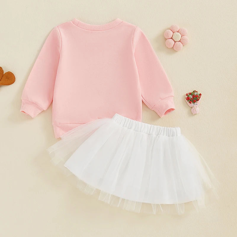 Baby Toddler Girls 2Pcs Valentine's Day Outfit Sweet Heart Letter Print O-Neck Long Sleeve Top Layered Tulle Tutu Skirt Clothes Set