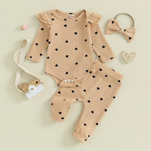 Load image into Gallery viewer, Baby Toddler Girl 3Pcs Clothes Set Waffle Knit Heart Print Long Sleeve Romper Pants Headband Bow Outfit
