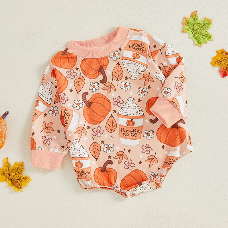 Baby Girl Halloween Fall Thanksgiving Romper Pumpkin Latte Flowers Floral Print Round Neck Long Sleeve Bubble Jumpsuit