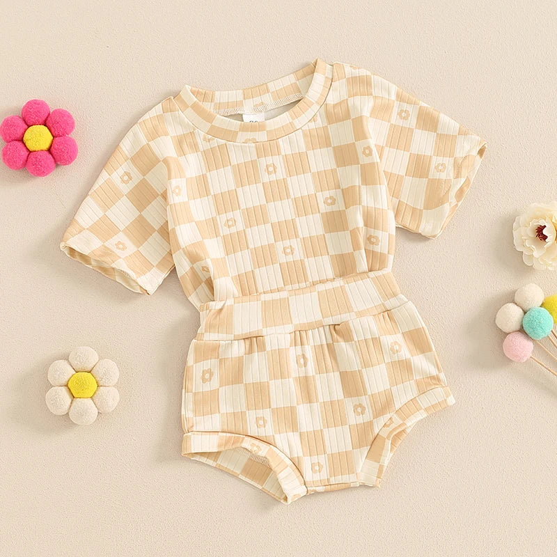 Baby Toddler Girls 2Pcs Summer Set Short Sleeve Checkerboard Flower Print Top Shorts Bloomers Outfit