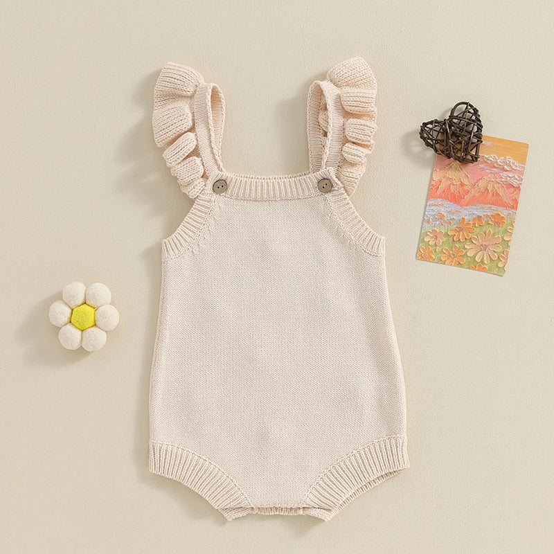 Baby Toddler Girls Knitted Romper Spring Summer Ruffles Floral Embroidery Flowers Jumpsuits Playsuits Clothes