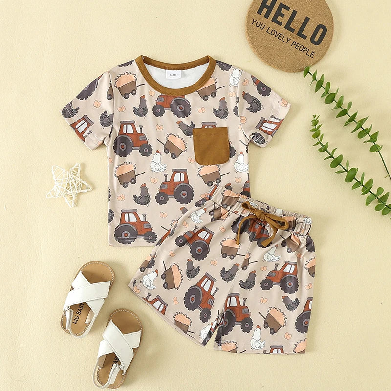 Baby Toddler Boy Girl 2Pcs Spring Summer Clothes Cute Farm Animals Chicken Chick Tractor Print Outfit Set Short Sleeve Cartoon Top and Shorts