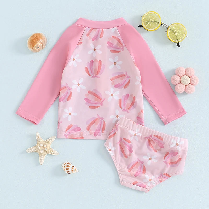 Baby Toddler Girls 2Pcs Two Piece Swimsuits Long Sleeve Seashell/Bird Flamingo Print Bathing Suit Summer Swimwear