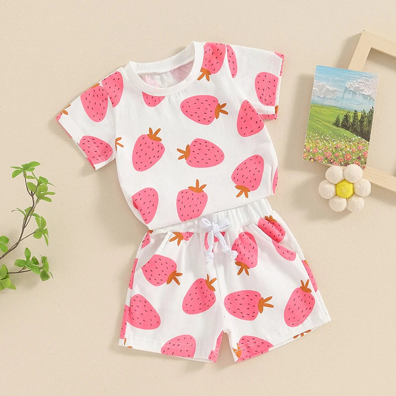 Baby Toddler Girls 2Pcs Outfit Strawberry Print Short Sleeve Top and Elastic Shorts Set Cute Summer Clothes