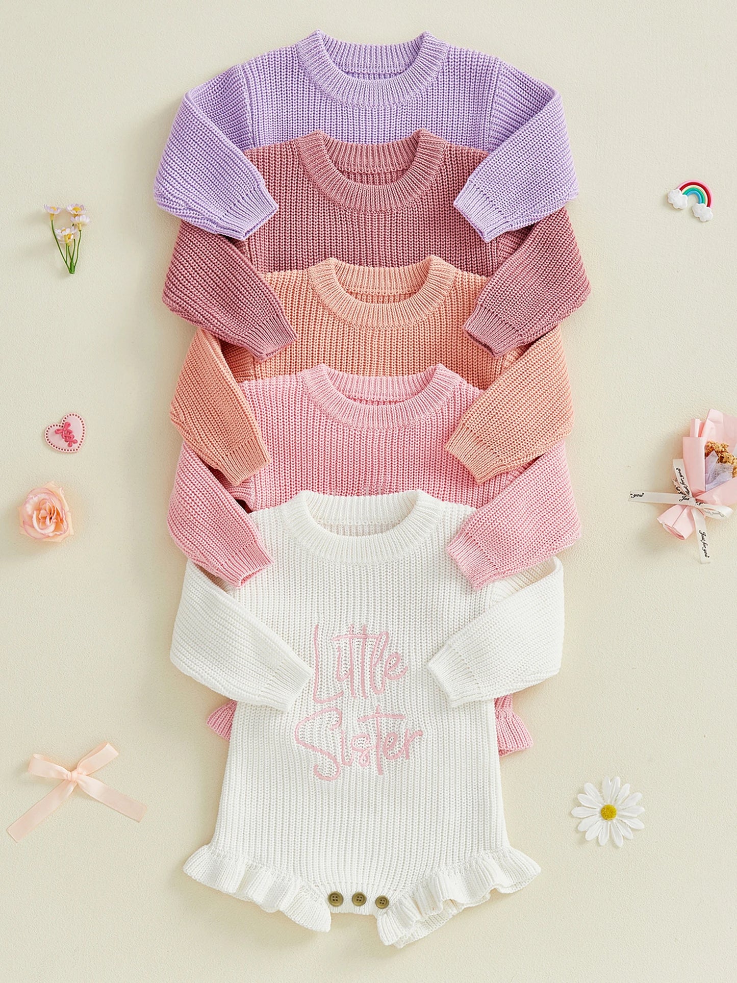 Baby Girl Sweater Romper Little Sister Long Sleeve Round Neck Letter Embroidery Knit Bodysuit