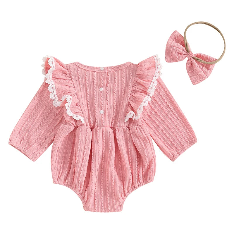 Baby Girls 2Pcs Set Lace Ruffled Trim Ribbed Long Sleeve Round Neck Romper Bow Headband Outfit