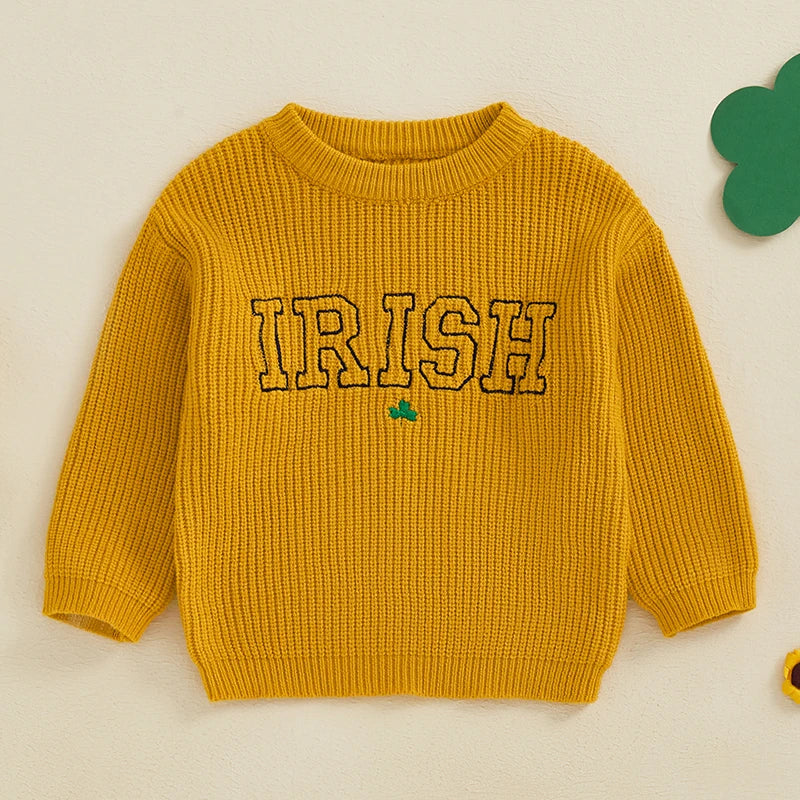 Baby Toddler Boy Girl Irish Sweater Clover Letter Crew Neck Long Sleeve Pullover Knit Top Causal Spring Clothes