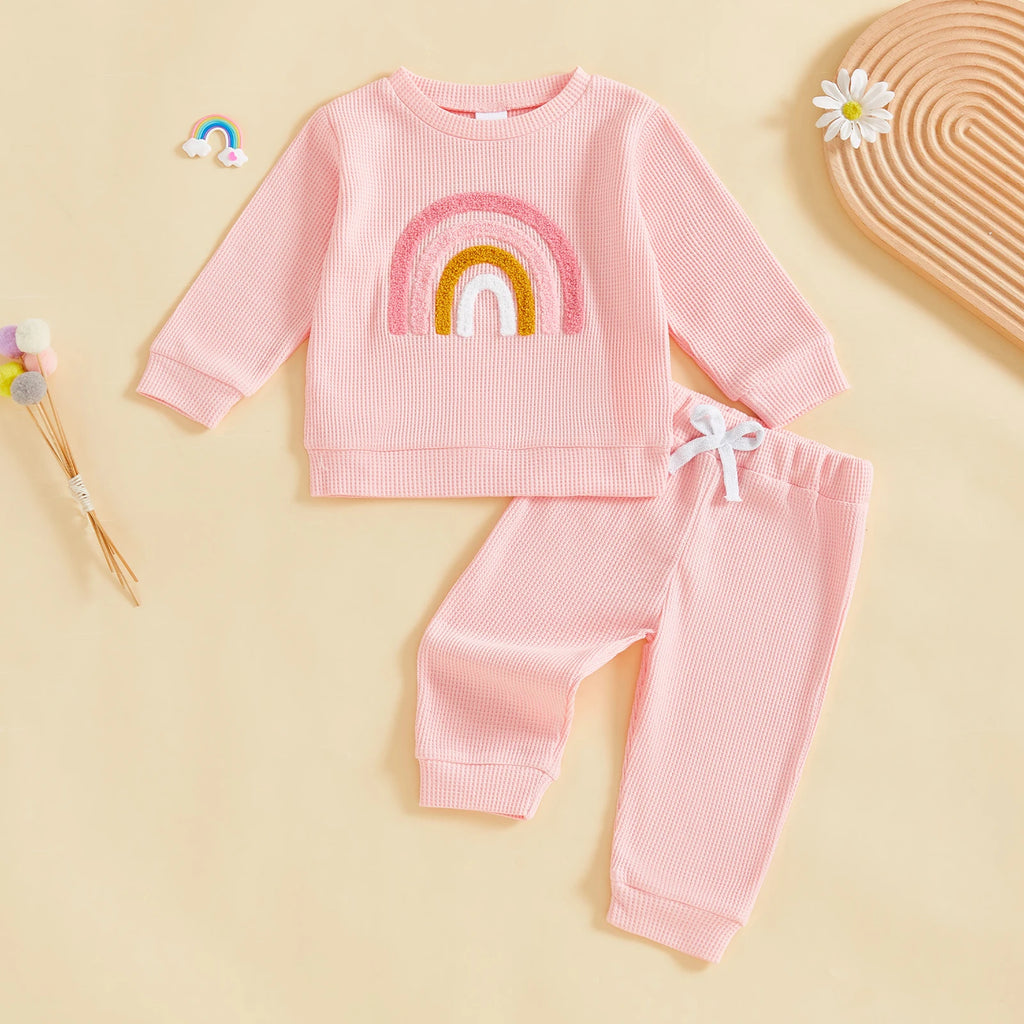 Baby Toddler Girls 2Pcs Fall Set Fashionable Rainbow Embroidery Long Sleeve Pullover Top with Jogger Pants Outfit