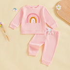 Baby Toddler Girls 2Pcs Fall Set Fashionable Rainbow Embroidery Long Sleeve Pullover Top with Jogger Pants Outfit