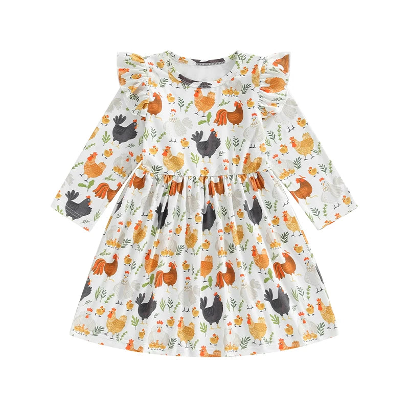 Baby Toddler Kids Girls Autumn A-line Princess Dress Long Sleeve Crewneck Ruffle Shoulder Chicken Print Thanksgiving Dress