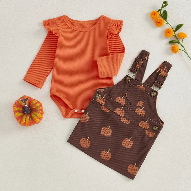 Baby Girls 2Pcs Halloween Set Long Sleeve Ruffled Ribbed Romper Pumpkin Print Overalls Skirt Outfit