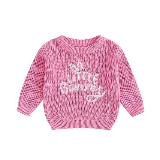 Baby Toddler Girls Knit Little Bunny Easter Sweater Long Sleeve O Neck Letter Embroidery Pullover Knitwear Top