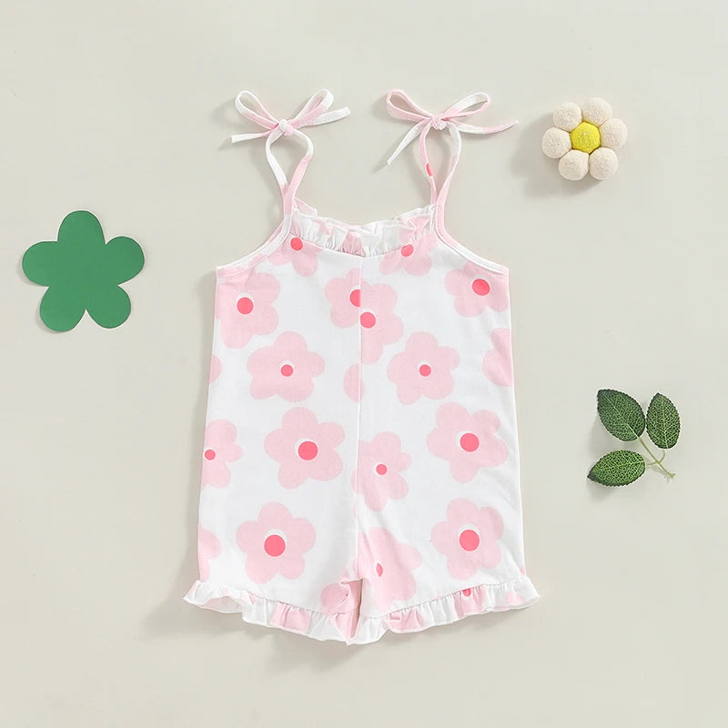 Toddler Kids Girls Romper Ruffles Sleeveless Flower Print Tie Tank Top Strap Summer Shorts Playsuit Jumpsuit