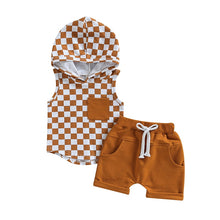 Load image into Gallery viewer, Toddler Baby Boy 2Pcs Summer Outfits Checkerboard Print Tank Top Hoodie and Harem Shorts
