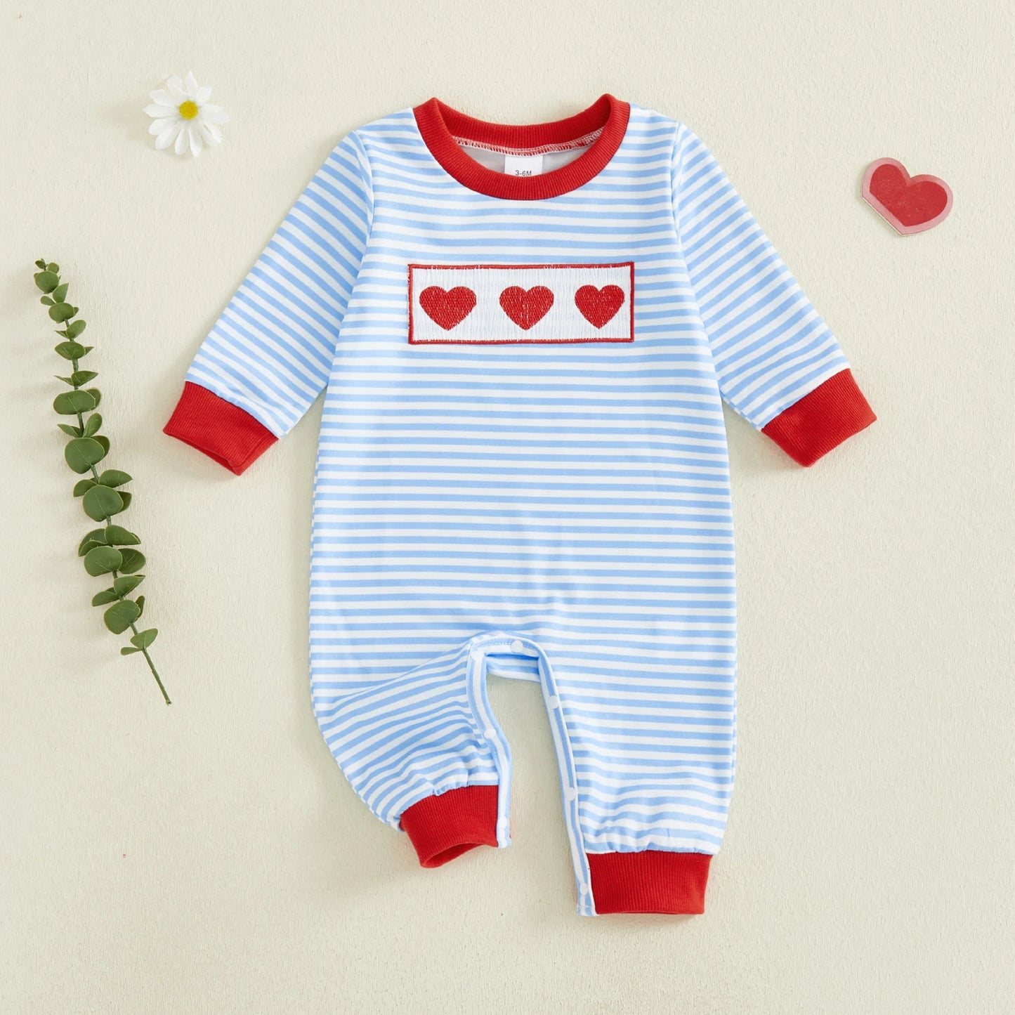 Baby Boys Striped Jumpsuit Long Sleeve Crewneck Heart Tarctor Embroidery Loose Fit Romper