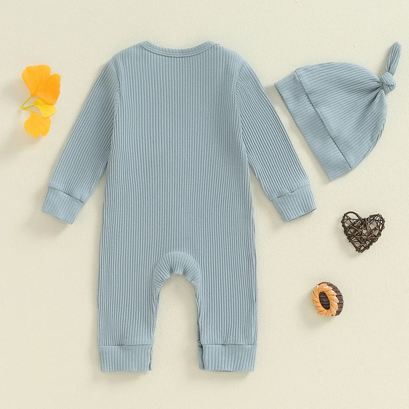 Baby Girls Boys 2Pcs New To The Crew / Little Brother / Sister Autumn Jumpsuit Long Sleeve Crewneck Letter Embroidery Romper with Hat Set