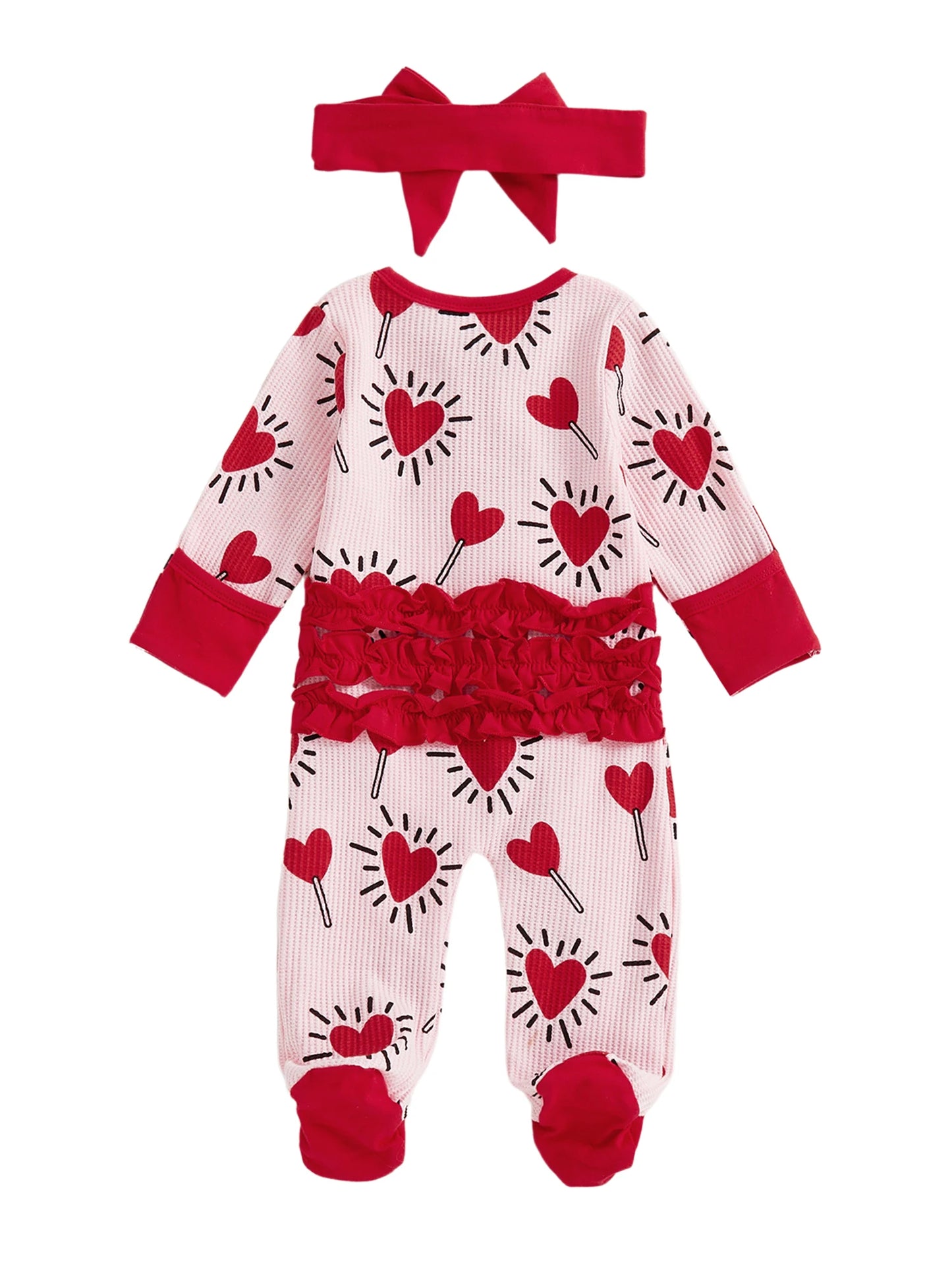 Baby Girl 2Pcs Valentines Day Zipper Romper Heart Candy Pattern Long Sleeve Zip Up Round Neck Footed Jumpsuit with Bow Headband Set