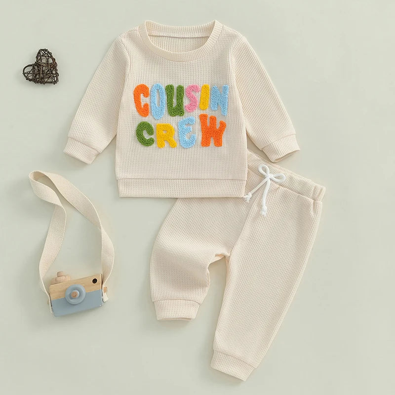 Baby Toddler Girls Boys 2Pcs Cousin Crew Set Long Sleeve O-Neck Embroidery Letter Top with Elastic Waist Pants Outfit Set