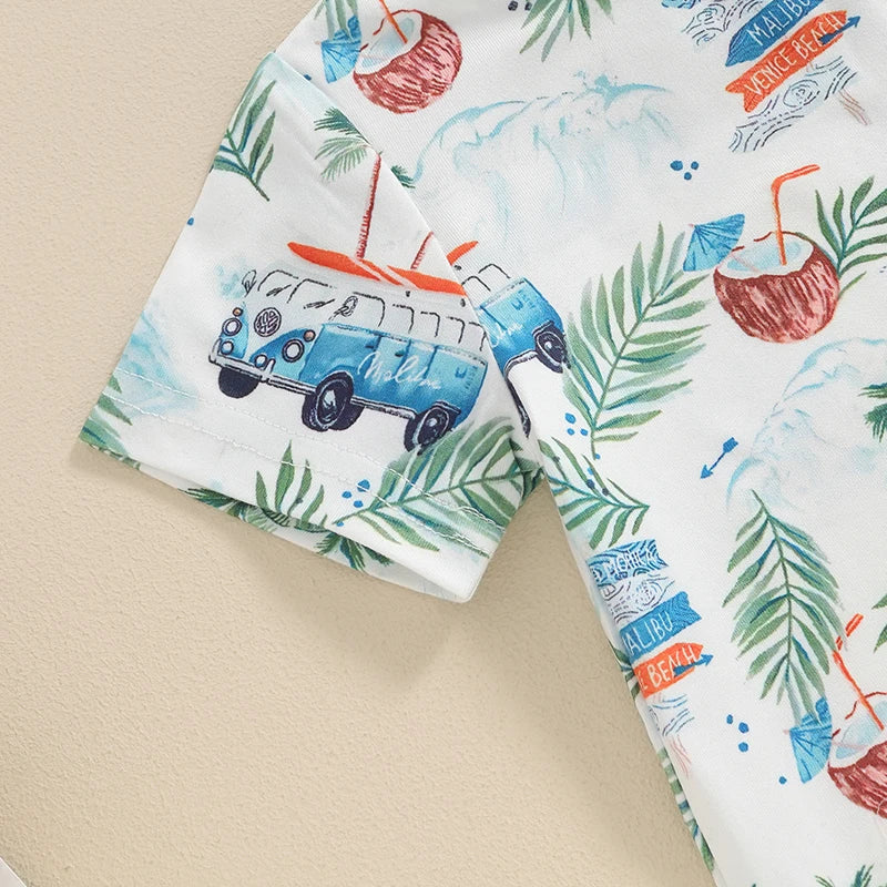 Baby Toddler Boys 2Pcs Summer Outfit Beach Style Palm Tree Coconut Van Surf Print Short Sleeve Top Elastic Waist Shorts Set