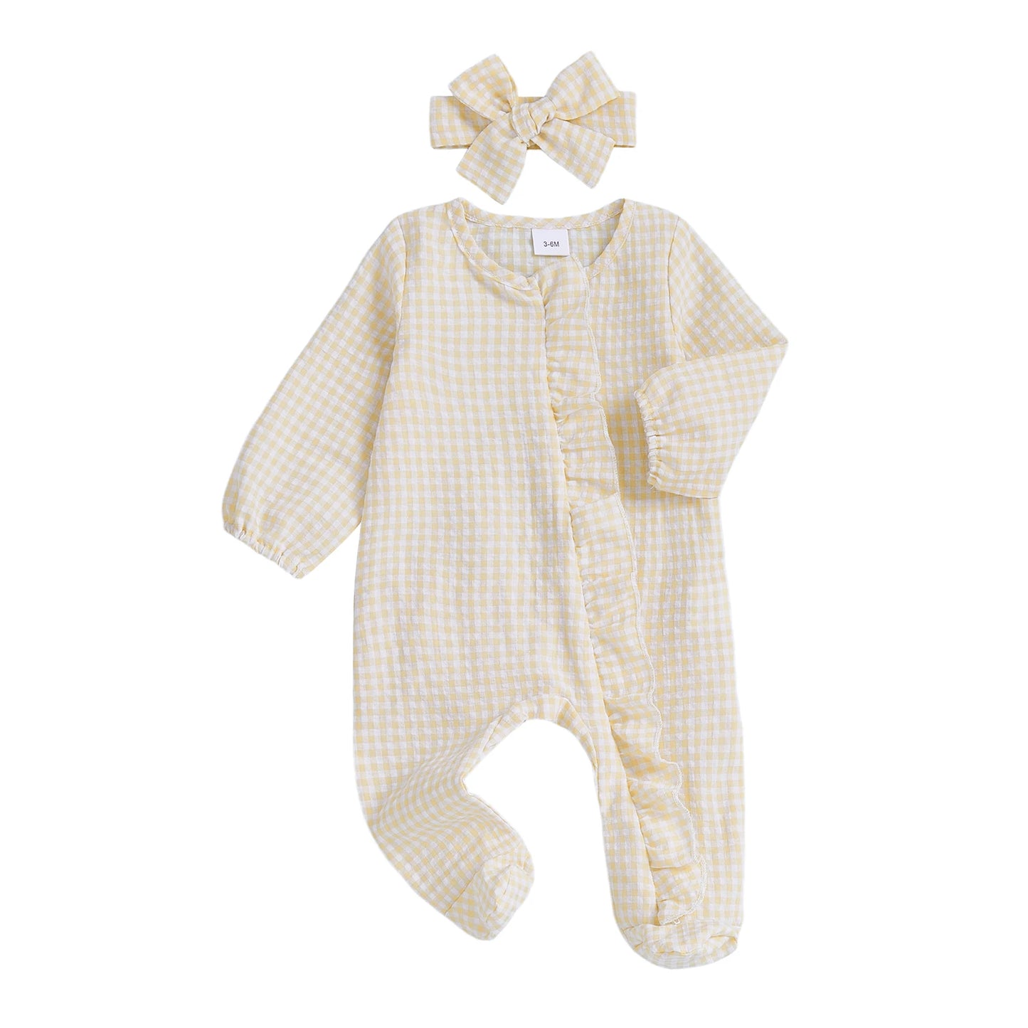 Baby Girl 2Pcs Fall Footies and Headband Set Plaid Ruffled Trim Zip Front Long Sleeve Zipper Romper