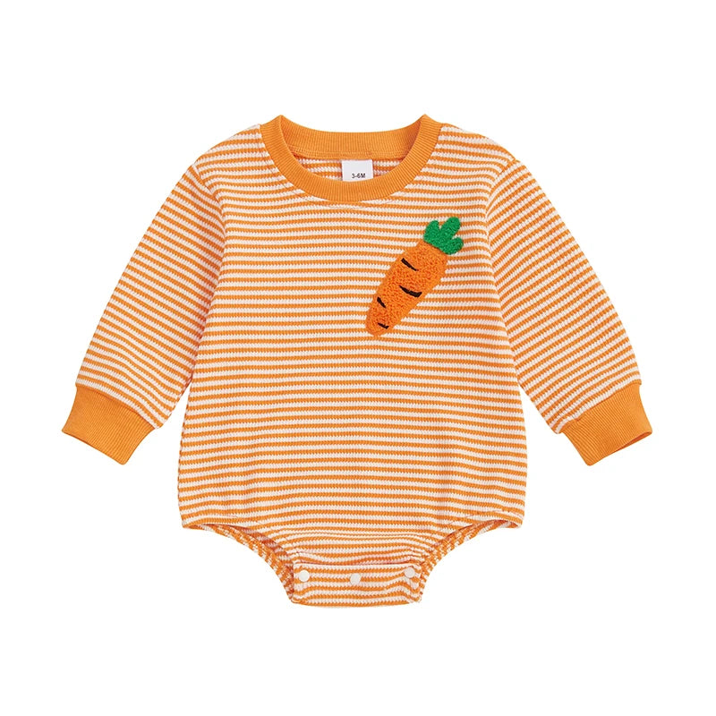 Baby Girls Boys Easter Romper Stripe Bunny Rabbit / Carrot Embroidery Long Sleeve Jumpsuit Bodysuit