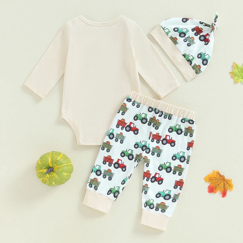 Baby Boys 3Pcs A Little Dirt Never Hurt Outfit Pumpkin Long Sleeve Romper Tractor Pattern Pants Hat Clothes Set