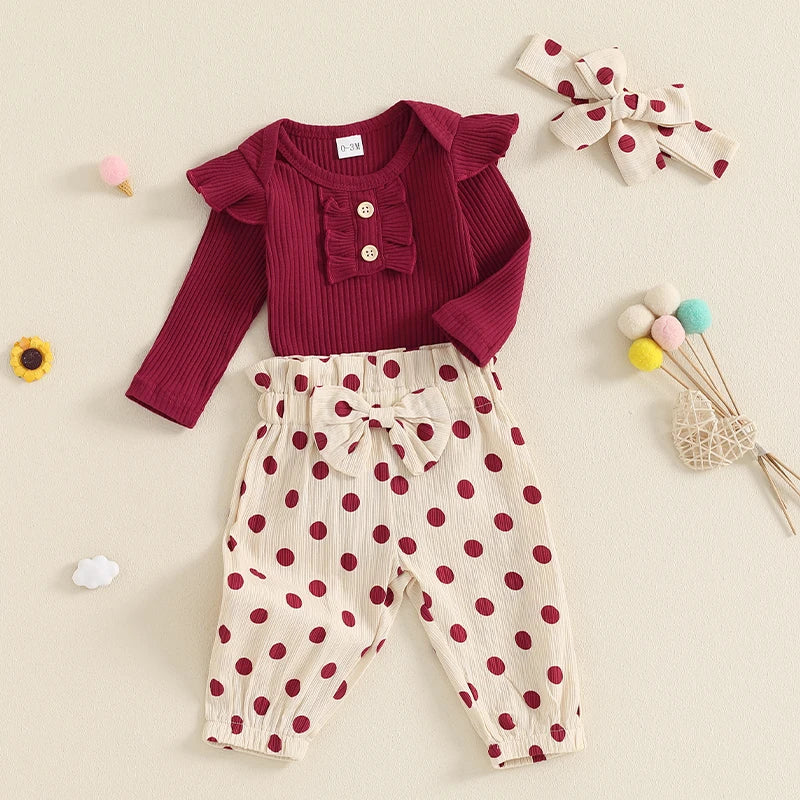 Baby Girls 3Pcs Fall Outfit Solid Color Crew Neck Long Sleeve Romper Polka Dot Print Long Pants Headband Set