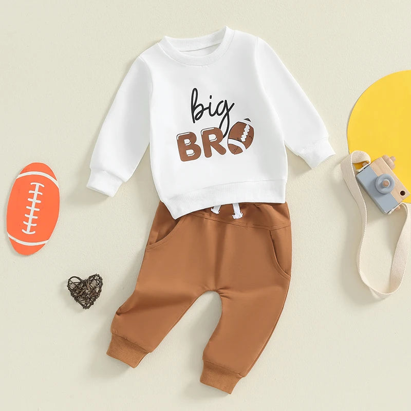 Baby Toddler Kids Boys 2Pcs Big Bro Outfit Long Sleeve Letters Football Print Top with Elastic Waist Pants Fall Game Day Jogger Set