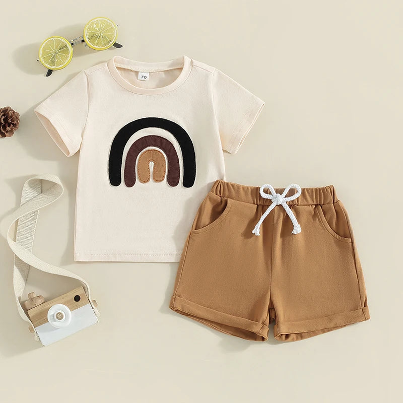 Toddler Baby Boy Girl 2Pcs Summer Outfit Rainbow Embroidery Short Sleeve Top with Solid Color Shorts Set