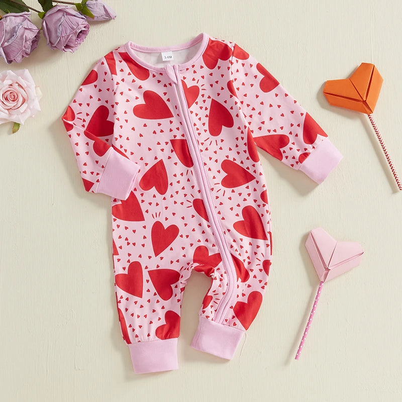 Baby Girl Valentine's Day Romper Heart Tractor Print Zipper Front Long Sleeve Full Length Valentines Jumpsuit