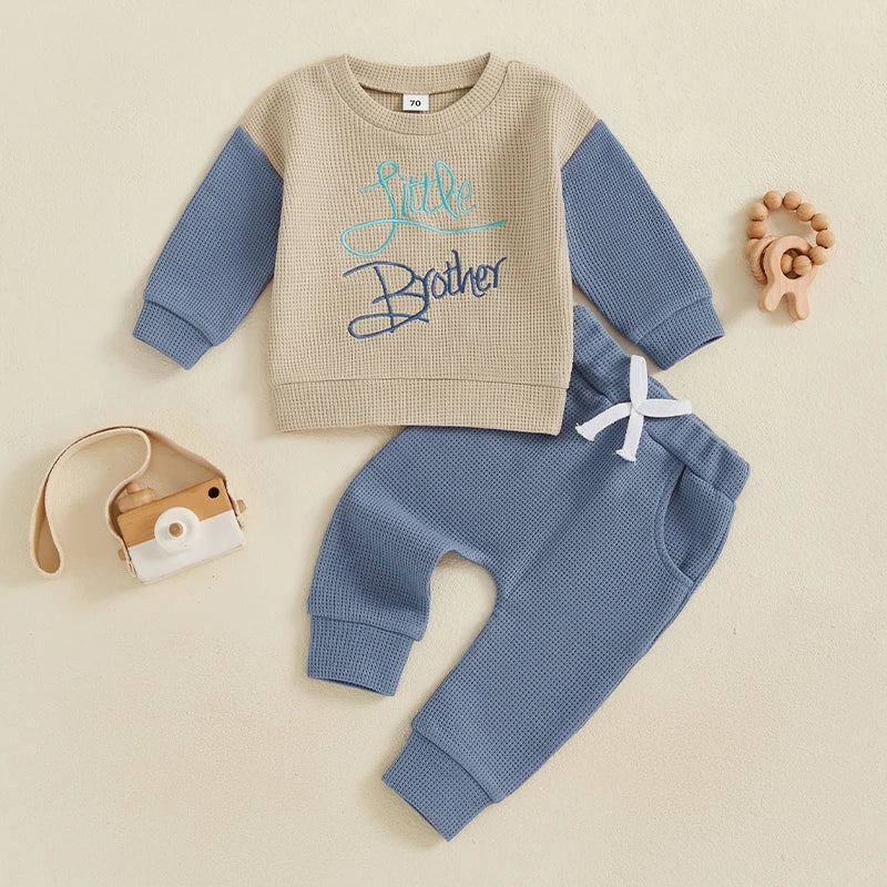 Baby Toddler Girls Boys 2Pcs Little Brother / Sister Jogger Set Long Sleeve Embroidery Letters Top with Elastic Waist Pants Outfit