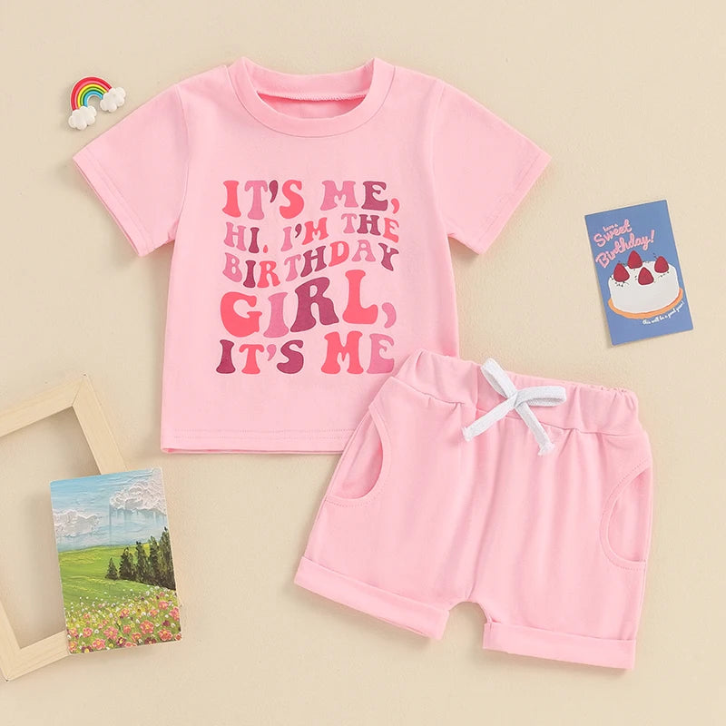 Baby Toddler Girls 2Pcs Birthday Set Short Sleeve Crew Neck Birthday Girl / It's Me Hi I'm The Birthday Girl It's Me Letters Print Top with Shorts Outfit