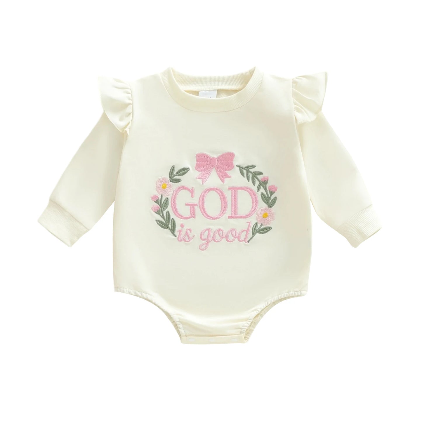 Baby Girl Autumn Casual Romper God Is Good Long Sleeve O Neck Letter Embroidery Bubble Romper