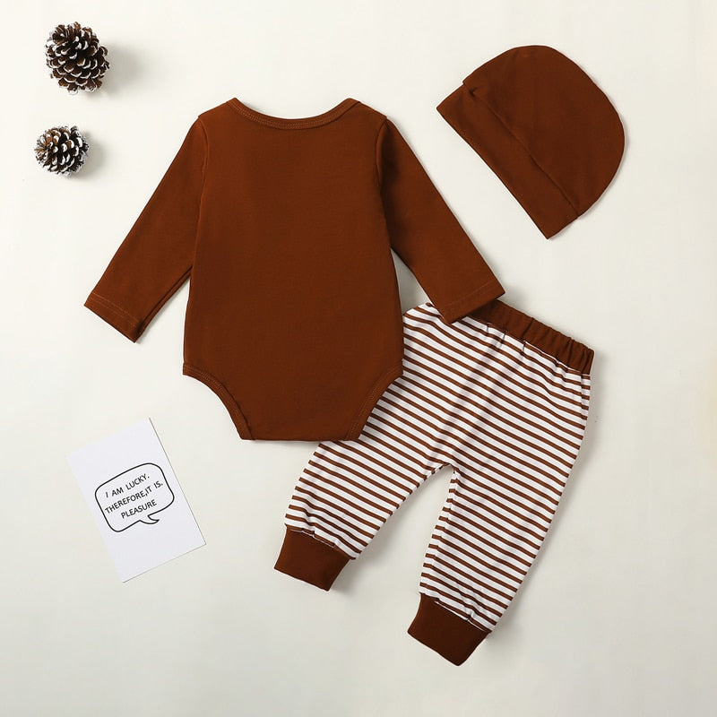 Baby Boy Girl 3Pcs Football Outfit Long Sleeve Romper Stripe Elastic Pants Hat Clothes Set