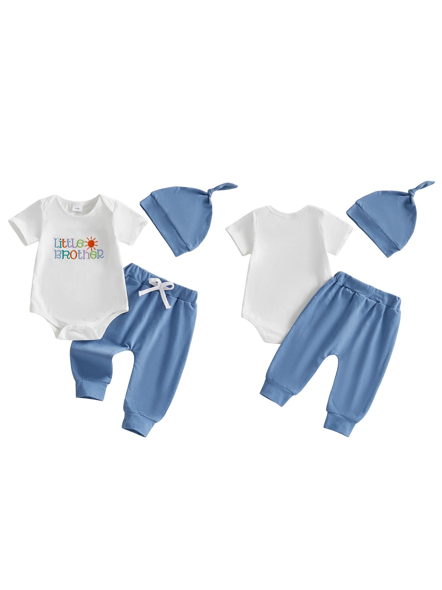 Baby Boys 3Pcs Little Brother Clothing Set Fashionable Short Sleeve Letters Embroidery Romper with Jogger Pants Hat Outfit