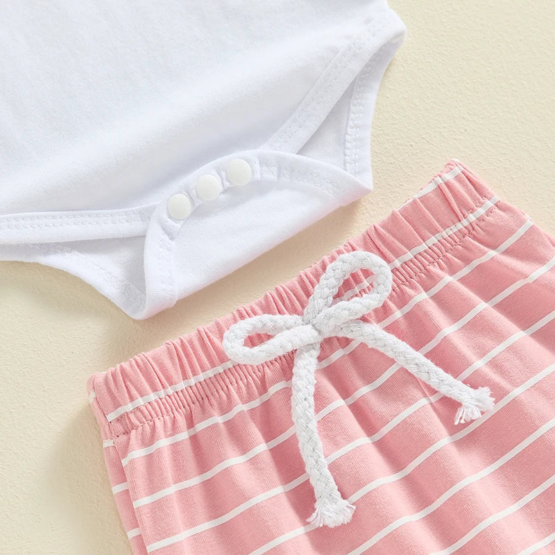 Baby Boy Girl 3Pcs Hello I'm New Here Summer Outfit Letter Print Short Sleeve Romper and Elastic Striped Long Pants and Beanie Hat Set