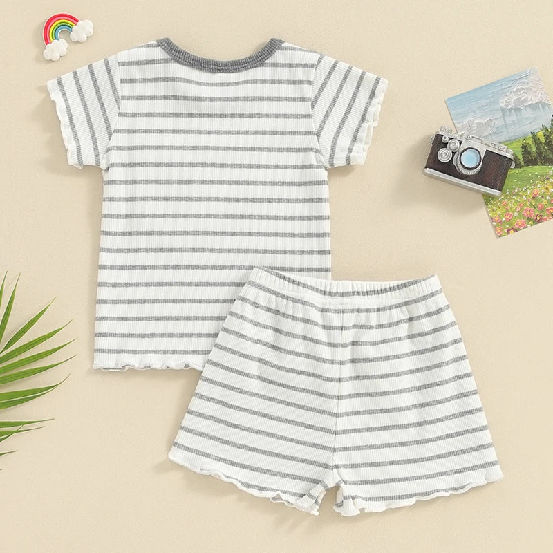 Baby Toddler Girl 2Pcs Summer Outfits Ruffles Short Sleeve Striped Top with Pocket T-Shirt + Matching Shorts Set