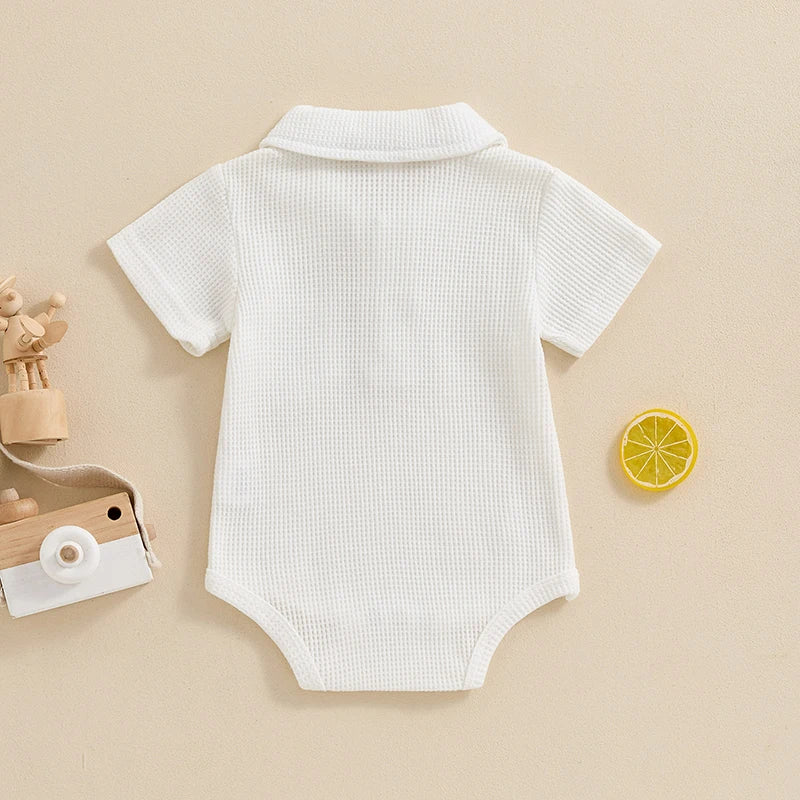 Baby Boys Romper Short Sleeve Lapel Button Up Collar Pocket Solid Color Waffle Casual Bodysuit