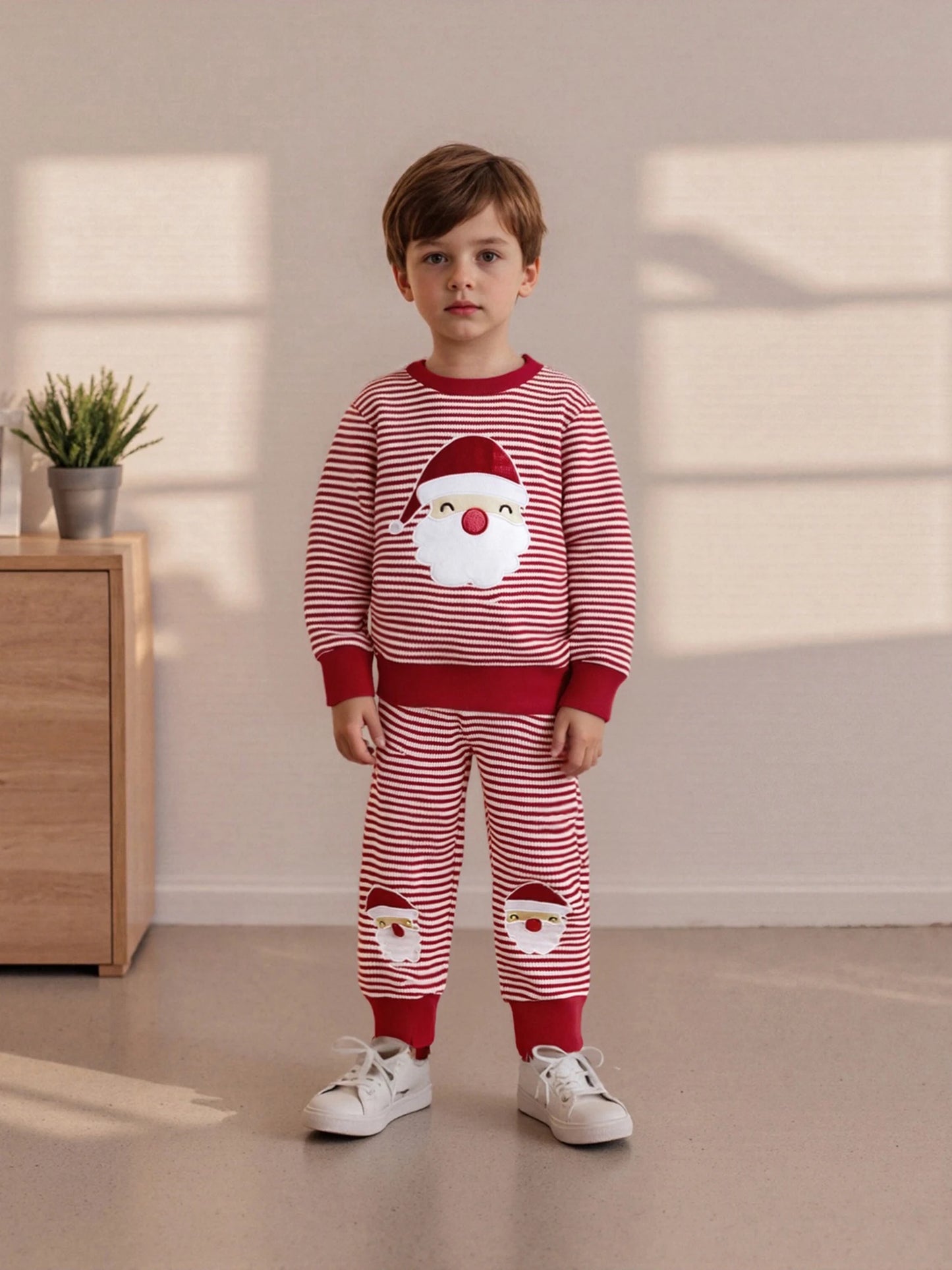 Baby Toddler Boys 2Pcs Striped Set Santa Claus Embroidery Long Sleeve Pullover Top with Pants Christmas Outfit