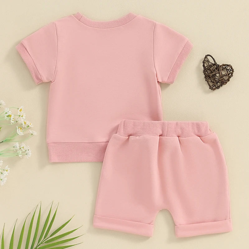 Baby Toddler 2Pcs Girl Fuzzy Letter Mama's Girl Embroidery O-Neck Short Sleeve Top with Shorts Set Outfit