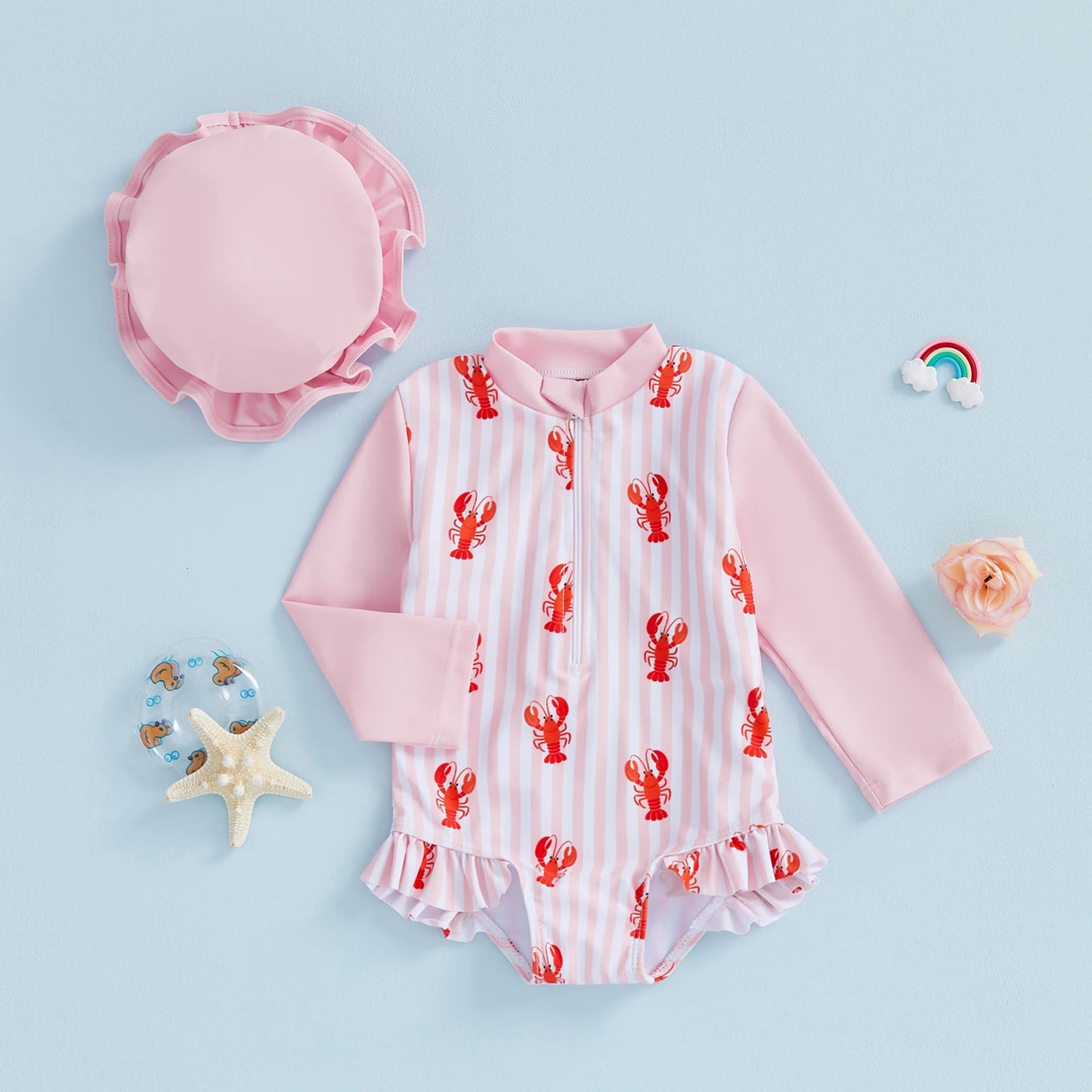 Baby Toddler Girls 2Pcs Rash Guard Swimsuit Long Sleeve Lobster Crab Print Ruffled Swimwear for Beach Set