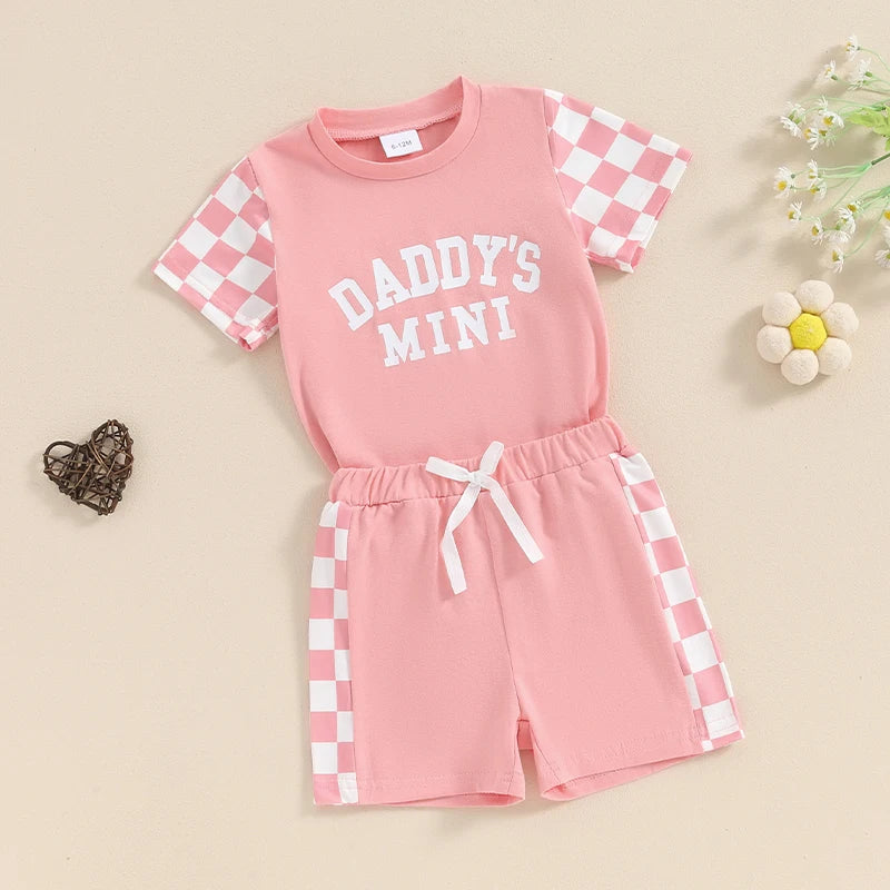 Baby Toddler Girl 2Pcs Daddy's Mini Summer Outfit Letter Print Checkerboard Short Sleeve Top with Elastic Waist Shorts Clothes Set