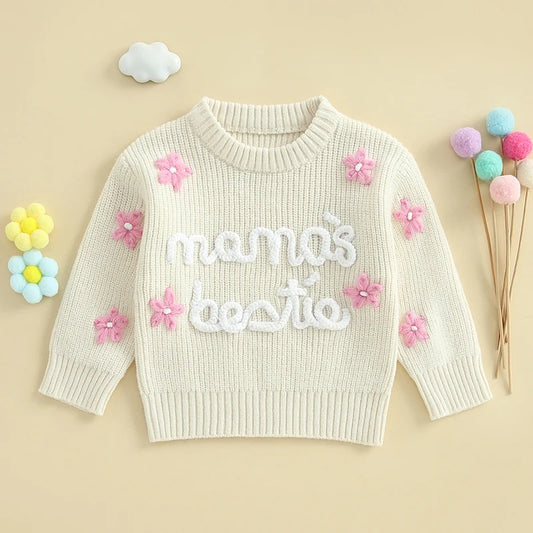 Baby Toddler Girl Mama's Bestie Knit Sweater Long Sleeve Flower Letters Embroidery Sweater Knitwear Top