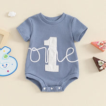 Load image into Gallery viewer, Baby Girls Boys 1st Birthday Romper Waffle Number 1 One Print Short Sleeve Round Neck Summer Bodysuit Jumpsuit
