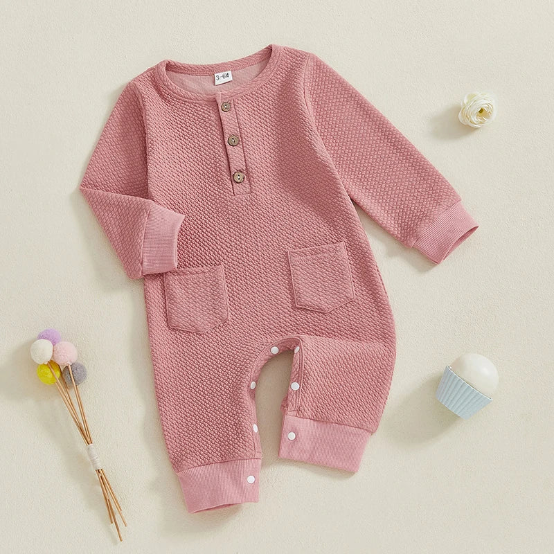 Baby Girls Boys Romper Solid Color Buttons Pockets O-Neck Long Sleeve Spring Jumpsuit