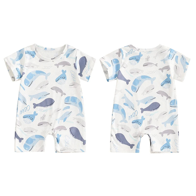 Baby Boys Girls Summer Casual Romper Short Sleeve Crew Neck Ocean Animal Whales Print Jumpsuit