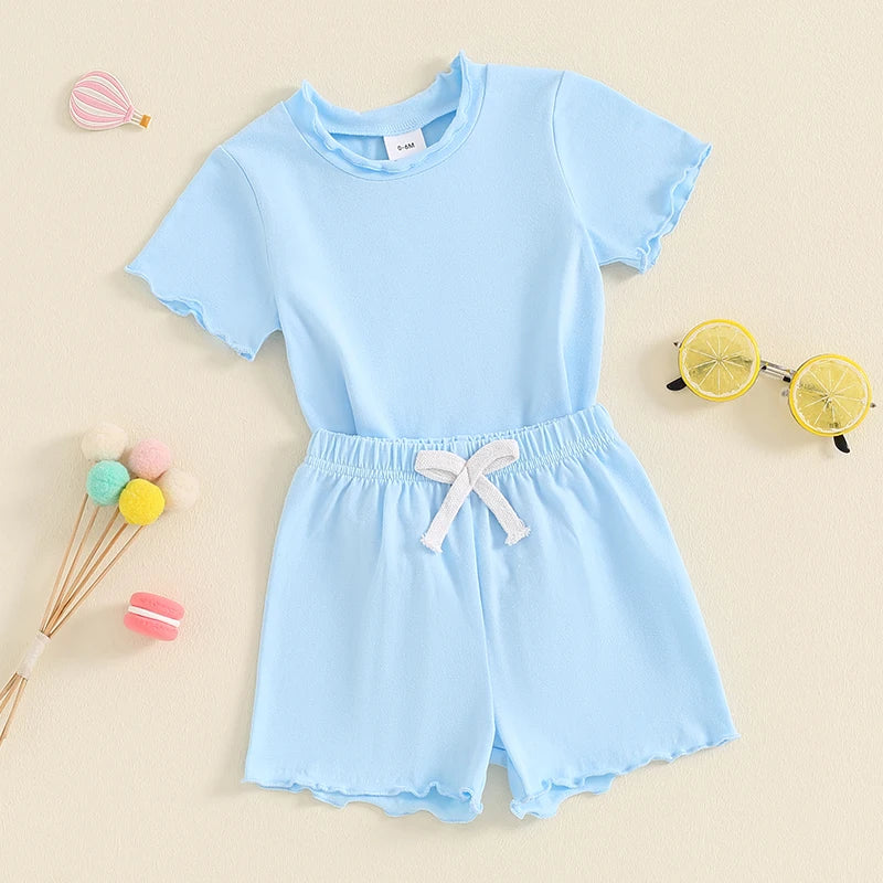 Baby Toddler Kids Girls 2Pcs Short Sleeve Crew Neck Ruffle Sleeve Top with Elastic Waist Shorts Outfit Set